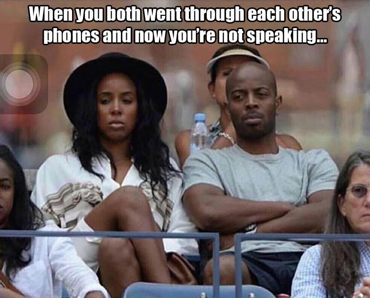 Funny meme of an angry couple at a game captioned that this is how couples feel after they just went through each other's phone.
