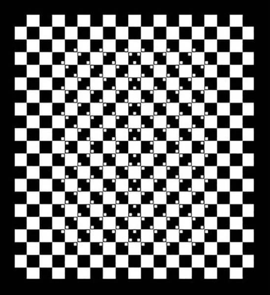 Sinking Floor-

It might look like the floor is sinking in the middle, but all the squares are the same shape. The dots create the illusion.