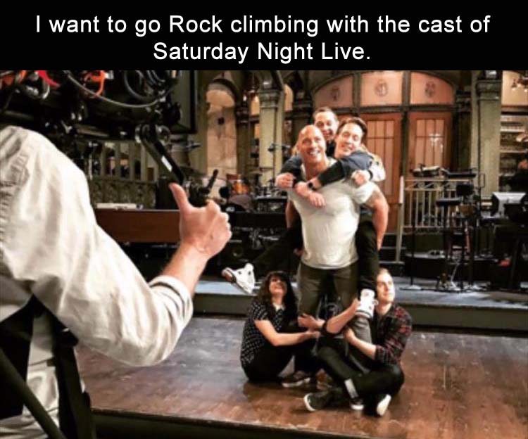 dwayne johnson piggyback - I want to go Rock climbing with the cast of Saturday Night Live.