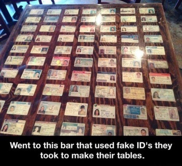 table of fake ids - Went to this bar that used fake Id's they took to make their tables.