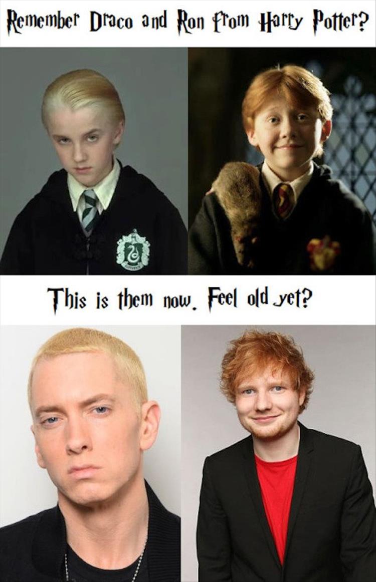 Funny meme making fun of how the Harry Potter Kids look like Eminem and Ed Sheeran
