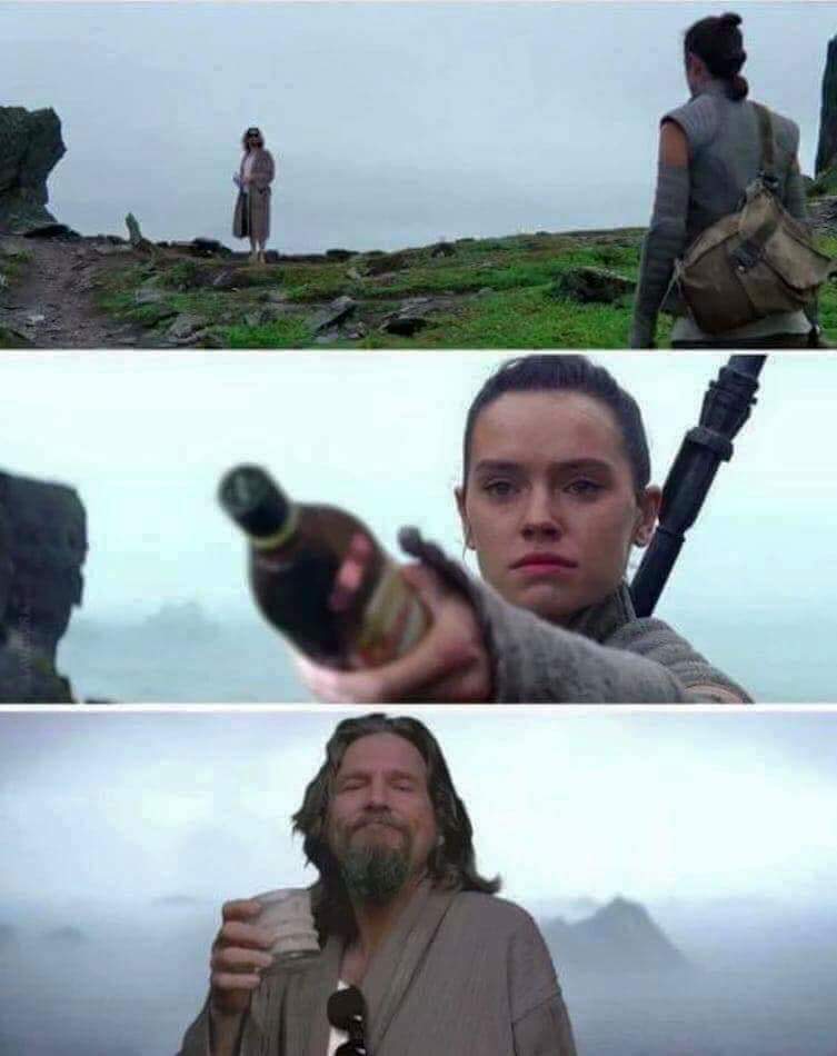 Star Wars meme in which Rey is handing over a bottle of Kalua to the Dude instead of Luke