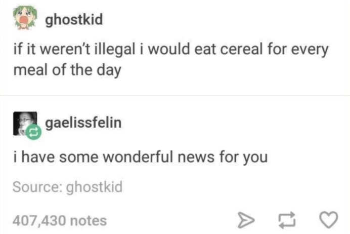 Someone posts about how they would eat cereal for every meal of the day if it wasn't illegal and someone explaining they have some wonderful news for them.