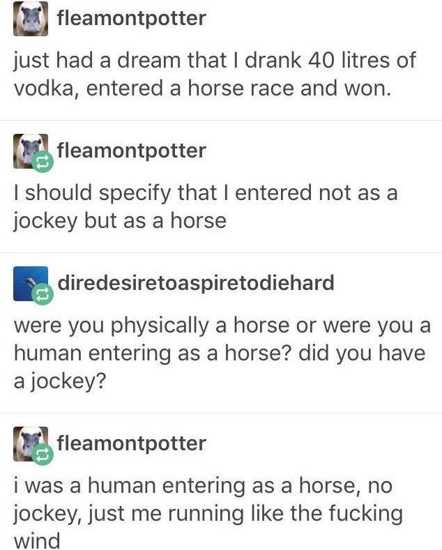 Dream someone had online of drinking 40 liters of vodka and running in a horse race alongside the horses.