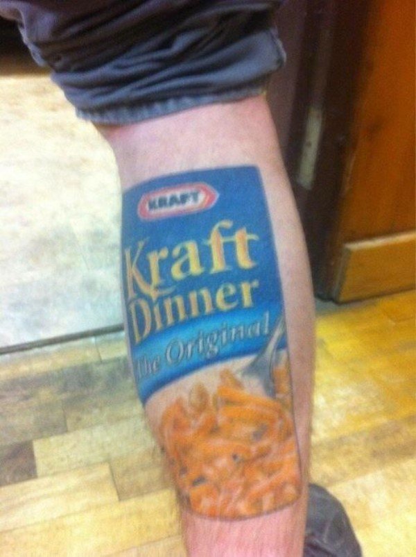 Tattoo someone got of a Kraft Dinner mac N Cheese.