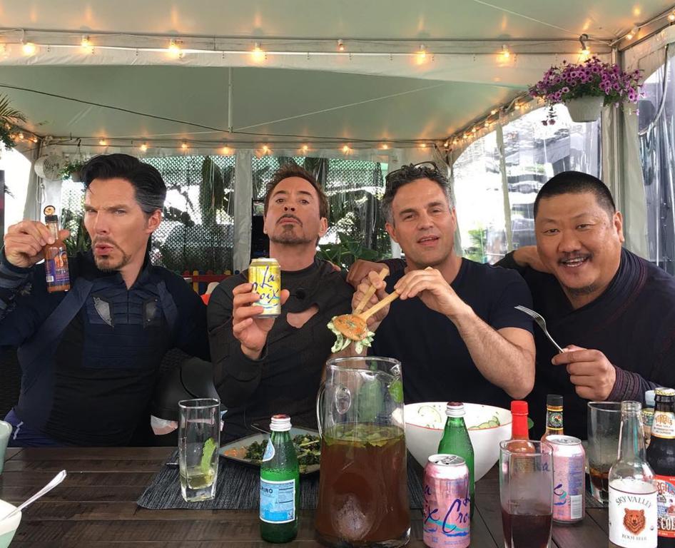 Some super hero actors cracking a cold one open with the boys.