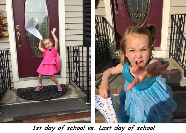 side by side photos of the same girl on the first day and last day of school.