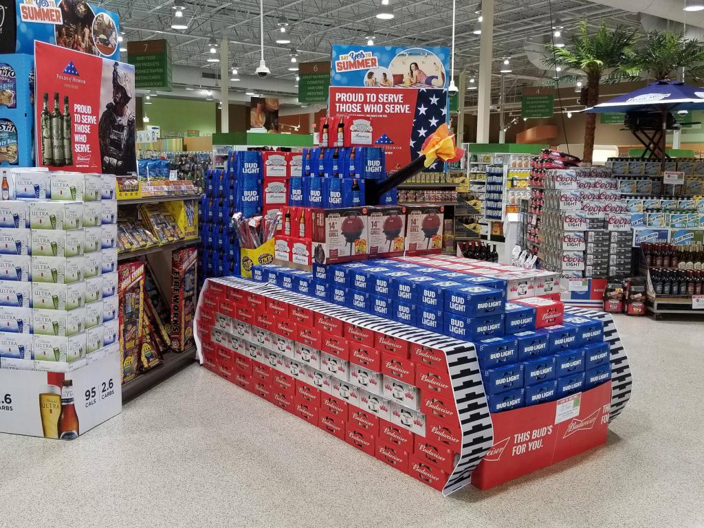 Beer cases configured in a red white and blue TANK