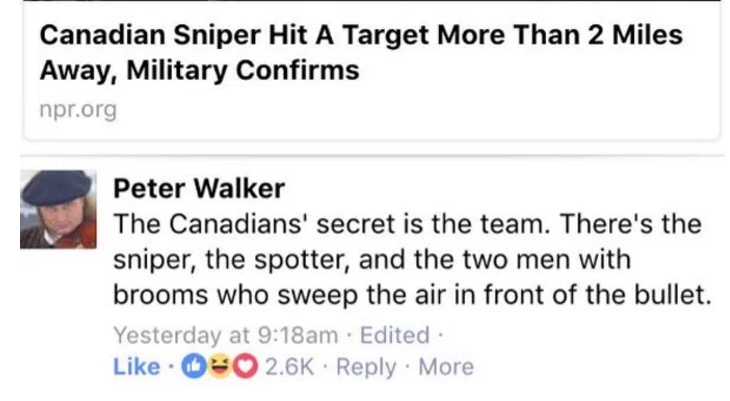 NRP headline of Canadian Sniper that hit a target over 2 miles away and how the secret team consists of Sniper, spotter, and two men with brooms who sweep the air in front of the bullet.