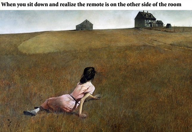 Girl lazy crawling across the field captioned as how it feels when you sat down and realize the remote is on the other side of the room.