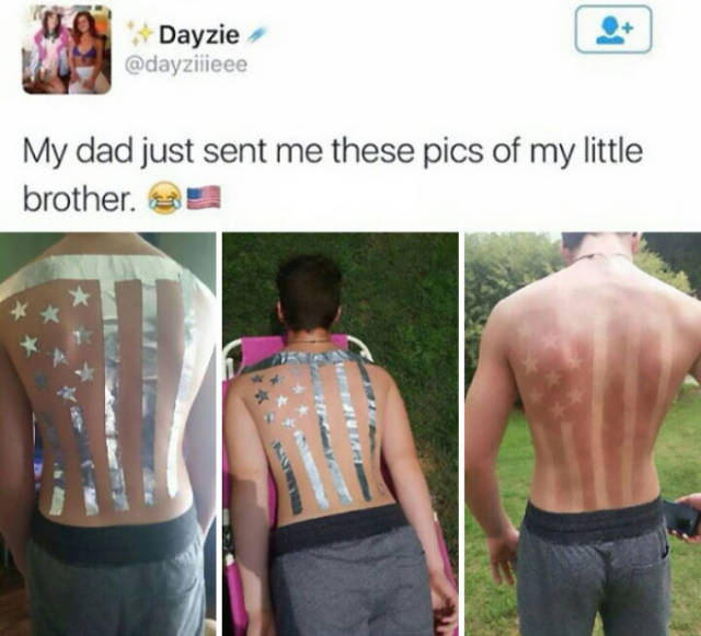 Man with an American flag tanned onto a man's back.