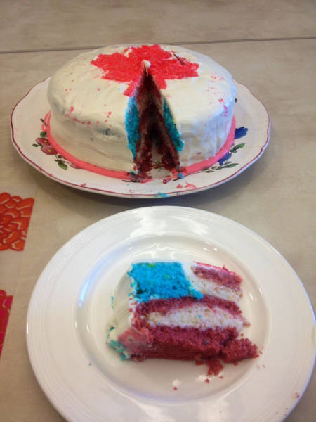 Cake of the Canadian maple-leaf that looks like the American flag when made into slices.