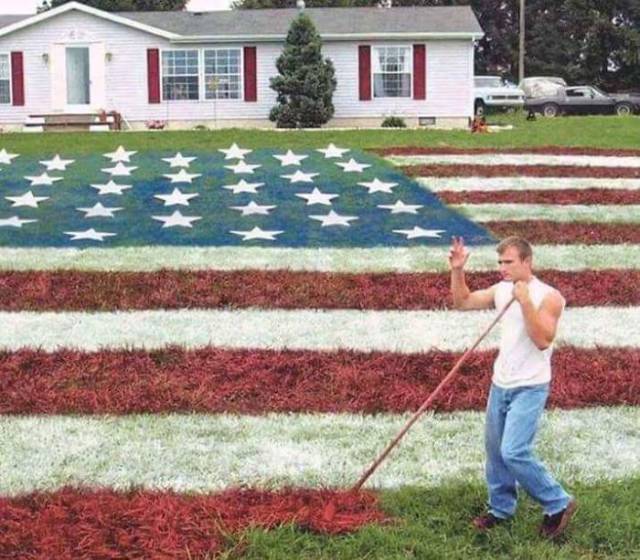 Man waving as he finishes painting his lawn as the American flag.