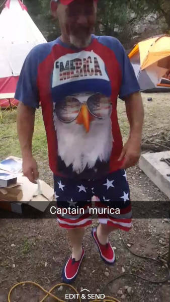 Man wearing USA shirt with bald eagle wearing a baseball cap in a Snapchat titled Captain 'Murica