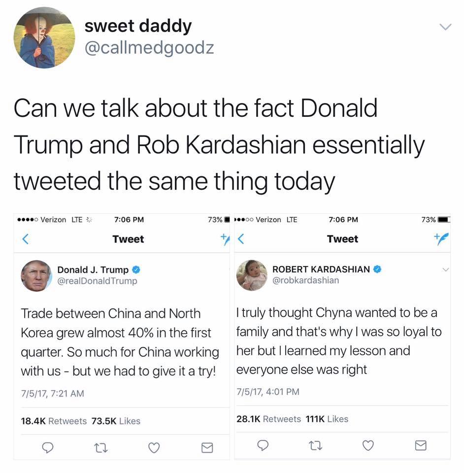 robert kardashian and donald trump - sweet daddy Can we talk about the fact Donald Trump and Rob Kardashian essentially tweeted the same thing today ...Verizon Lte 73% ".00 Verizon Lte 73% Tweet Tweet Donald J. Trump Trump Robert Kardashian Trade between 