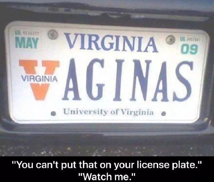 vehicle registration plate - May Virginia 09 Virginia Vaginas University of Virginia . "You can't put that on your license plate." "Watch me."