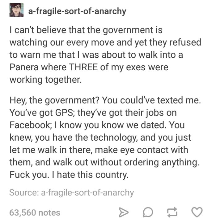 document - afragilesortofanarchy I can't believe that the government is watching our every move and yet they refused to warn me that I was about to walk into a Panera where Three of my exes were working together. Hey, the government? You could've texted m