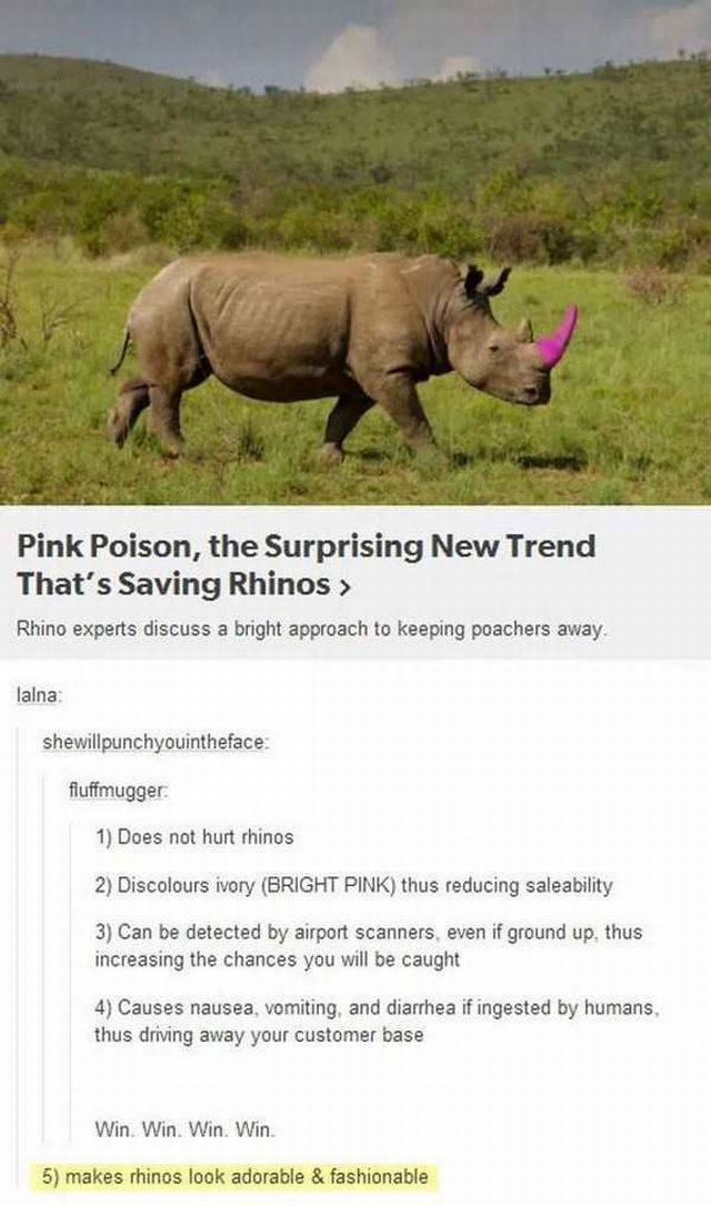 pink elephant tusks - Pink Poison, the Surprising New Trend That's Saving Rhinos > Rhino experts discuss a bright approach to keeping poachers away lalna shewillpunchyouintheface fluffmugger 1 Does not hurt rhinos 2 Discolours ivory Bright Pink thus reduc
