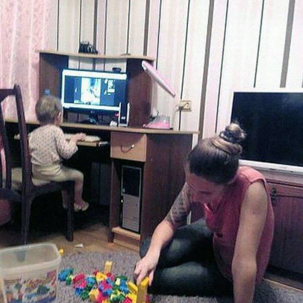 mom plays with toys and kid goes on the computer