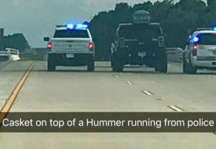 Snapchat of a casket atop a hummer running from police
