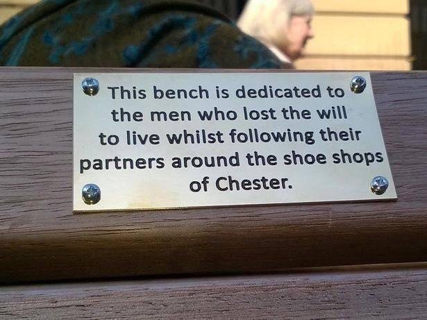 Bench dedicated to men who lost the will to live following their partners around shoe shopping