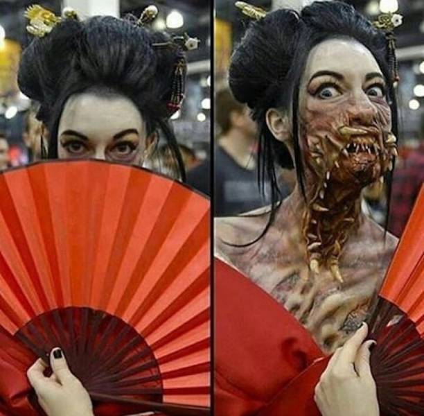 Girl with fan covering up her awesome and terrifying neck and jaw makeup.