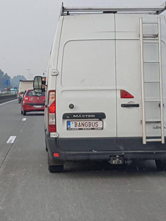 White van with a recognizable license plate