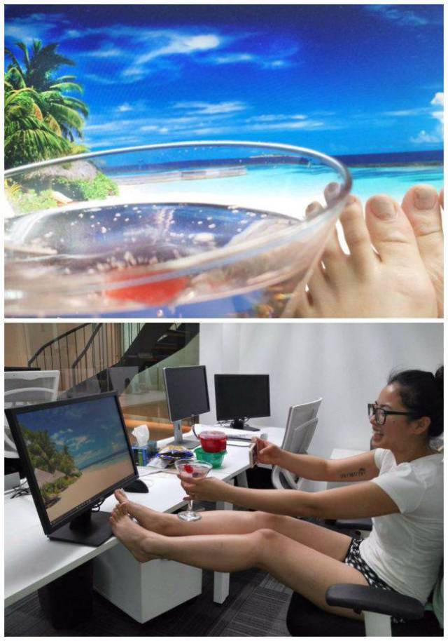 Girl making pic of her chilling by pristine beaches, but she is just with her toes in front of the computer screen.