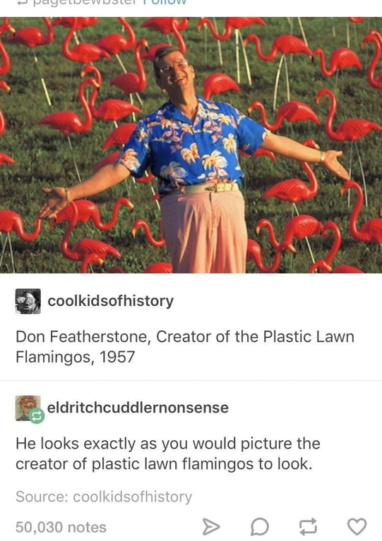 creator of plastic lawn flamingos - PageUWSCH Uiiuv coolkidsofhistory Don Featherstone, Creator of the Plastic Lawn Flamingos, 1957 eldritchcuddlernonsense He looks exactly as you would picture the creator of plastic lawn flamingos to look. Source coolkid