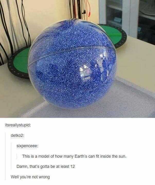 many earths can fit in the sun - itsreallystupid detko2 sixpenceee This is a model of how many Earth's can fit inside the sun. Damn, that's gotta be at least 12 Well you're not wrong