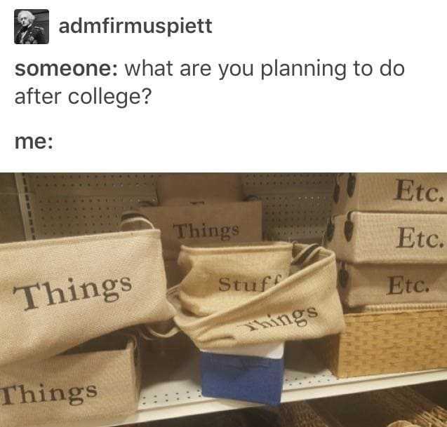 stuff things etc meme - a admfirmuspiett someone what are you planning to do after college? me Etc. Things Etc. Stuf Things Etc. Things Things
