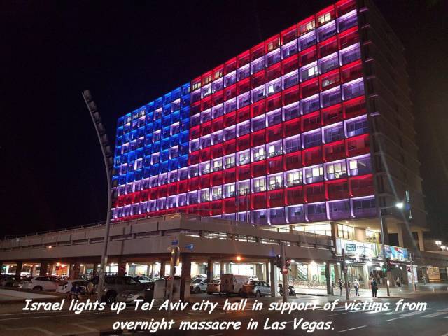 random pic metropolitan area - Kurzeitigeirallimatott Israel lights up Tel Aviv city hall in supporrof victims from overnight massacre in Las Vegas.