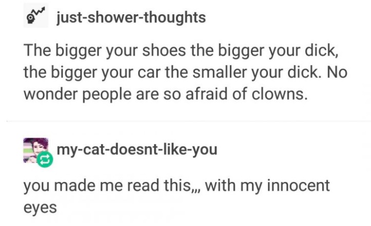 tumblr - document - on justshowerthoughts The bigger your shoes the bigger your dick, the bigger your car the smaller your dick. No wonder people are so afraid of clowns. mycatdoesntyou you made me read this, with my innocent eyes