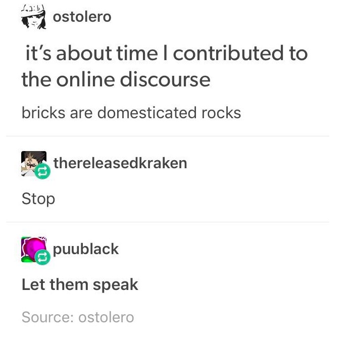 tumblr - bricks are domesticated rocks - ostolero it's about time I contributed to the online discourse bricks are domesticated rocks thereleasedkraken Stop puublack Let them speak Source ostolero