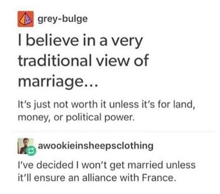 tumblr - acofas tamlin - greybulge I believe in a very traditional view of marriage... It's just not worth it unless it's for land, money, or political power. awookieinsheepsclothing I've decided I won't get married unless it'll ensure an alliance with Fr