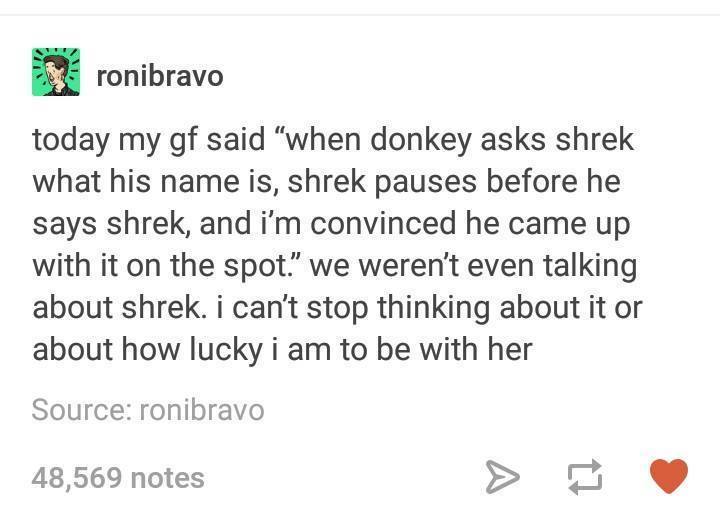 tumblr - miss me with that weapon accuracy shit - Erronibravo today my gf said "when donkey asks shrek what his name is, shrek pauses before he says shrek, and i'm convinced he came up with it on the spot we weren't even talking about shrek. i can't stop 