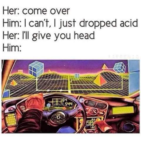 acid meme - Her come over Him I can't, I just dropped acid Her I'll give you head Him