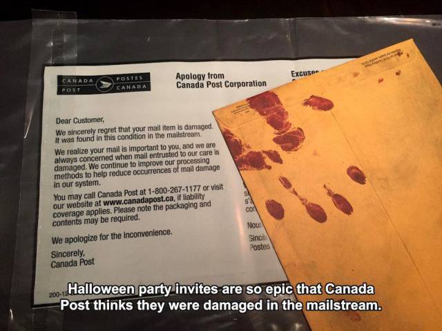 so epic - Excusee Canada Post Apology from Canada Post Corporation Canada Dear Customer We sincerely regret that your mail item is damaged It was found in this condition in the mailstream. We realize your mail is important to you, and we are always concer