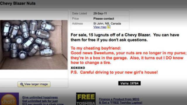 Cheating in a relationship - Chevy Blazer Nuts Data istid Prion Address 29Sep11 Please contact St John, Nb, Canada View map For sale, 15 lugnuts off of a Chevy Blazer. You can have them for free if you don't ask questions. To my cheating boyfriend Good ne