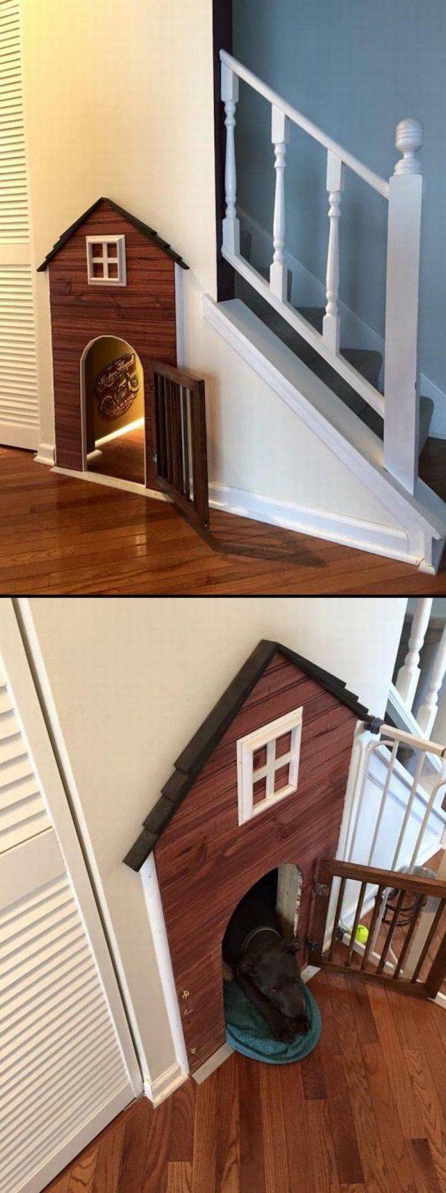 cool dog house under the stairs