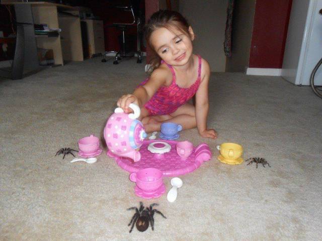 girl having tea party with spiders