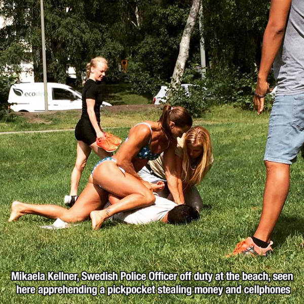 swedish sunbathing - eco Mikaela Kellner, Swedish Police Officer off duty at the beach, seen here apprehending a pickpocket stealing money and cellphones