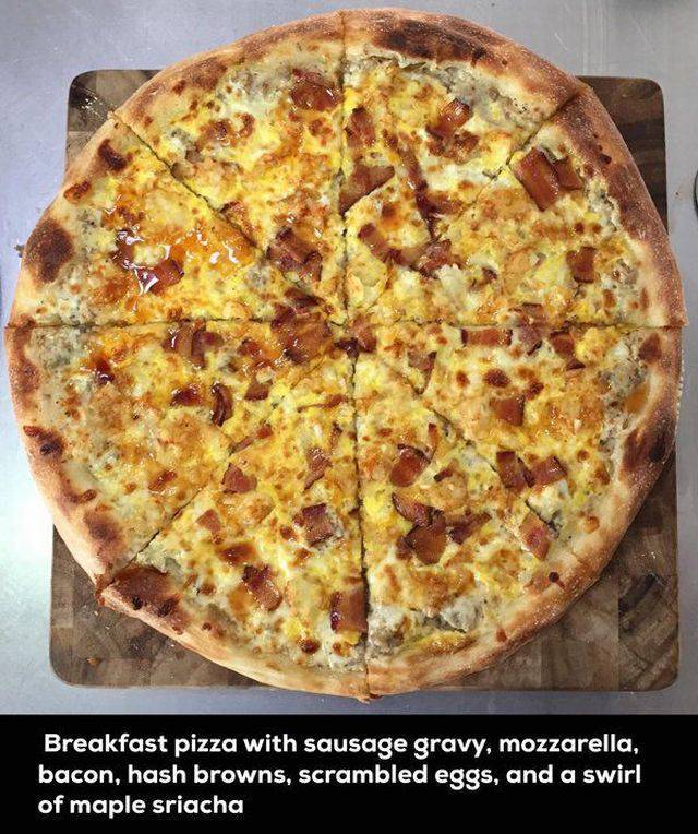 pizza cheese - Breakfast pizza with sausage gravy, mozzarella, bacon, hash browns, scrambled eggs, and a swirl of maple sriacha