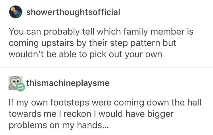 tumblr- document - showerthoughtsofficial You can probably tell which family member is coming upstairs by their step pattern but wouldn't be able to pick out your own thismachineplaysme If my own footsteps were coming down the hall towards me I reckon I w