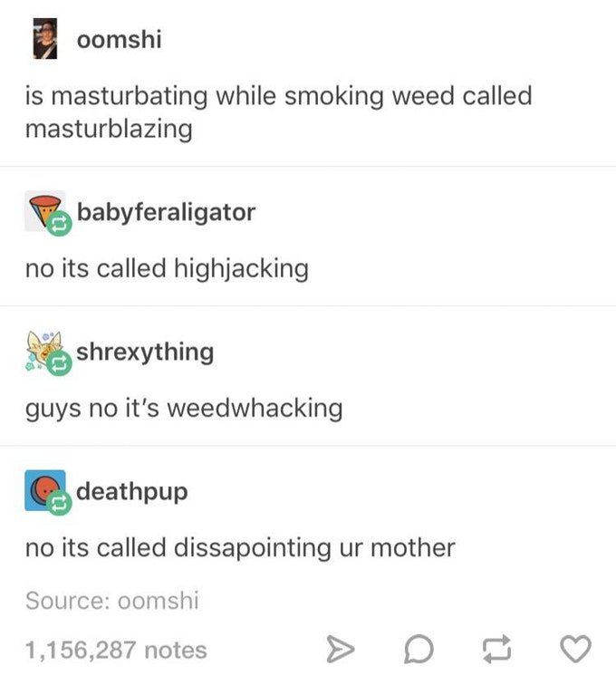 tumblr- document - oomshi is masturbating while smoking weed called masturblazing babyferaligator no its called highjacking shrexything guys no it's weedwhacking deathpup no its called dissapointing ur mother Source oomshi 1,156,287 notes > D