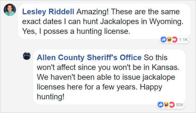 tolland county - Lesley Riddell Amazing! These are the same exact dates I can hunt Jackalopes in Wyoming. Yes, I posses a hunting license. Allen County Sheriff's Office So this won't affect since you won't be in Kansas. We haven't been able to issue jacka