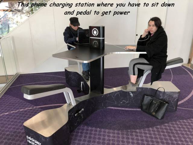 pedal charging station - This phone charging station where you have to sit down and pedal to get power eks? Ted