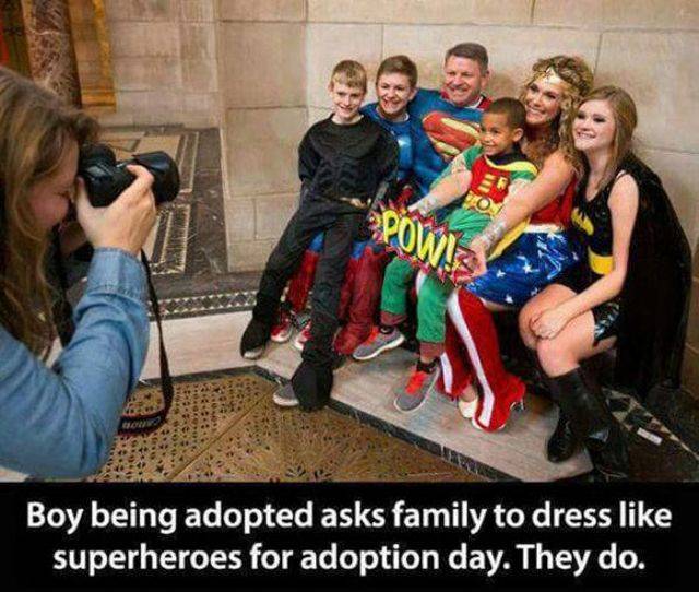 random superhero family adoption - Boy being adopted asks family to dress superheroes for adoption day. They do.