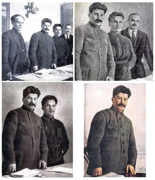 Joseph Stalin’s pre-Photoshop retouches.Stalin ordered photographs to be revised, editing out people who forcibly went missing (were murdered).