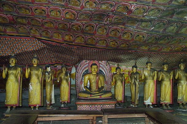 The Dambulla Cave Temple is at the center of Sri Lanka and is a Buddhist temple with 153 Buddhist statues as well as statues of Hindu gods and Sri Lankan kings. Many of the carvings and statues are still very well preserved, which is impressive considering it dates back to the third century BCE.